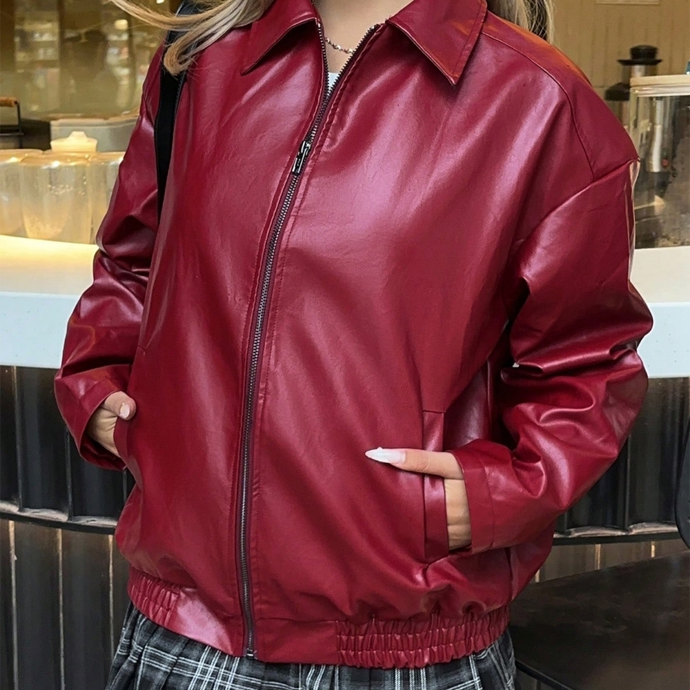 Casual Off-Shoulder Zipped PU Leather Coat - Picture 4 of 4